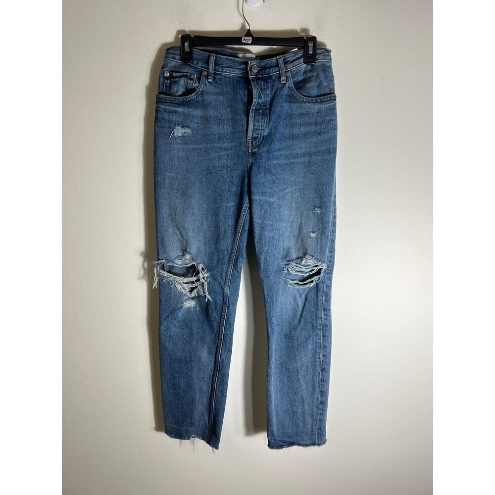 Women's Distressed Blue Denim Jeans - Classic Mid Wash